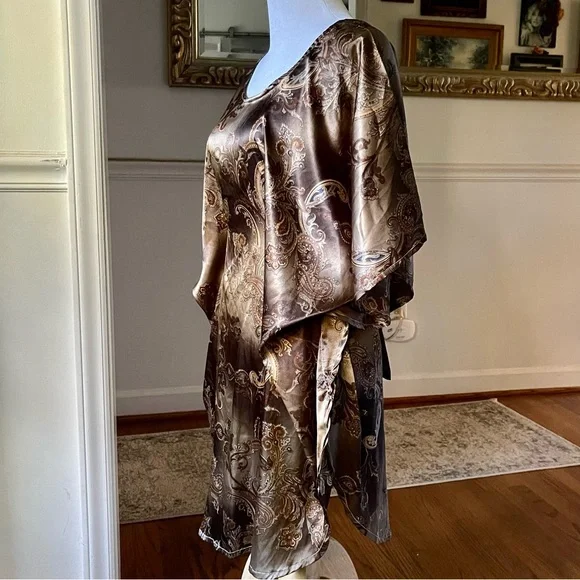 Vintage Gold 60s 70s silky Paisley Kaftan Mini butterfly Dress Angel Sleeves - Picture 9 of 16